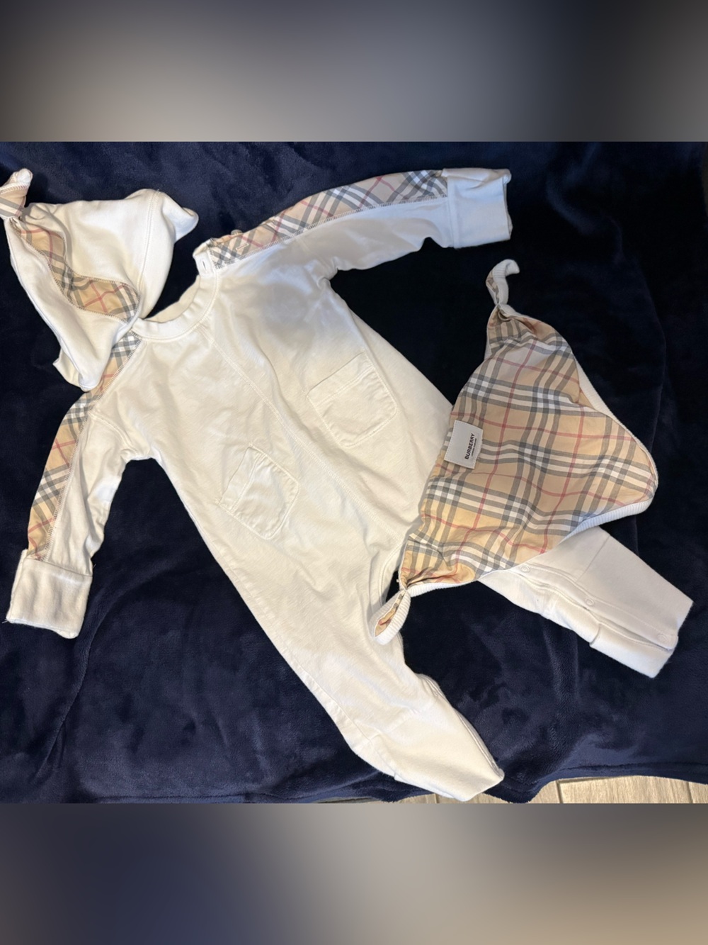 Burberry White Infant Romper with Signature Nova Check Trim